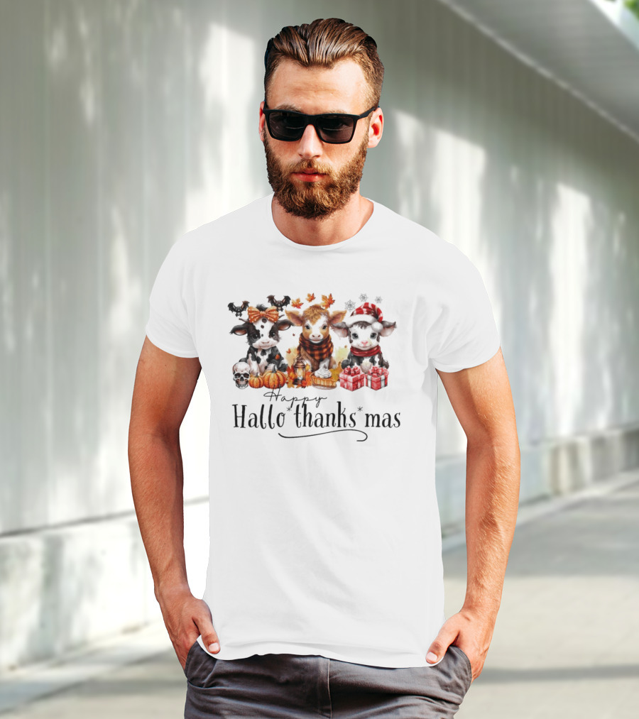 Happy HalloThanksMas Baby Cows With Pumpkins And Gifts T-Shirt