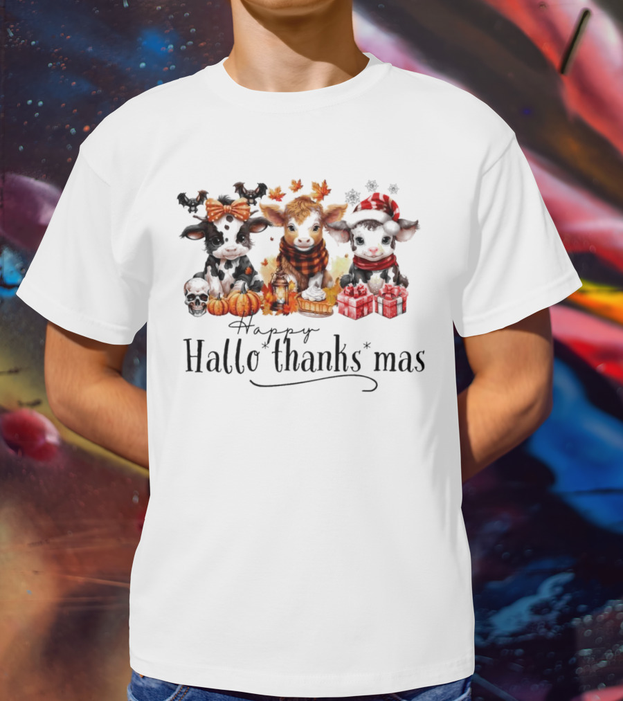 Happy HalloThanksMas Baby Cows With Pumpkins And Gifts T-Shirt