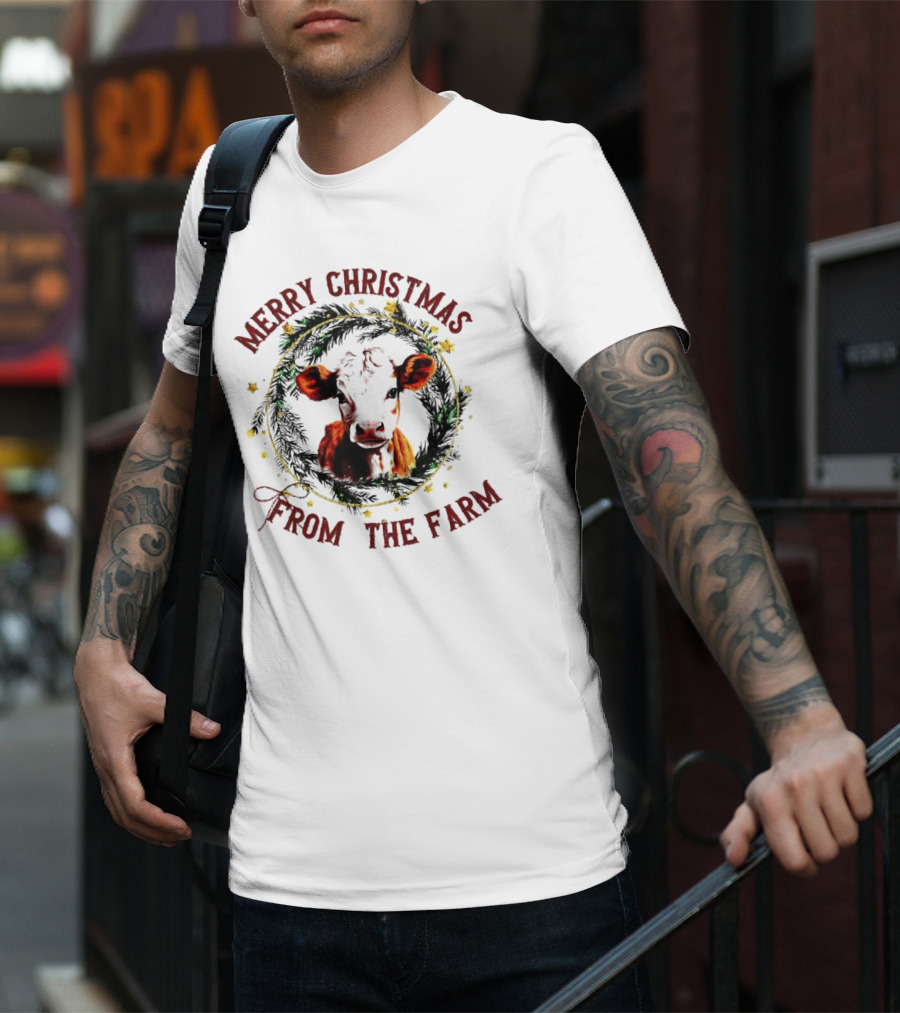 Merry Christmas Cow Wreath From The Farm T-Shirt