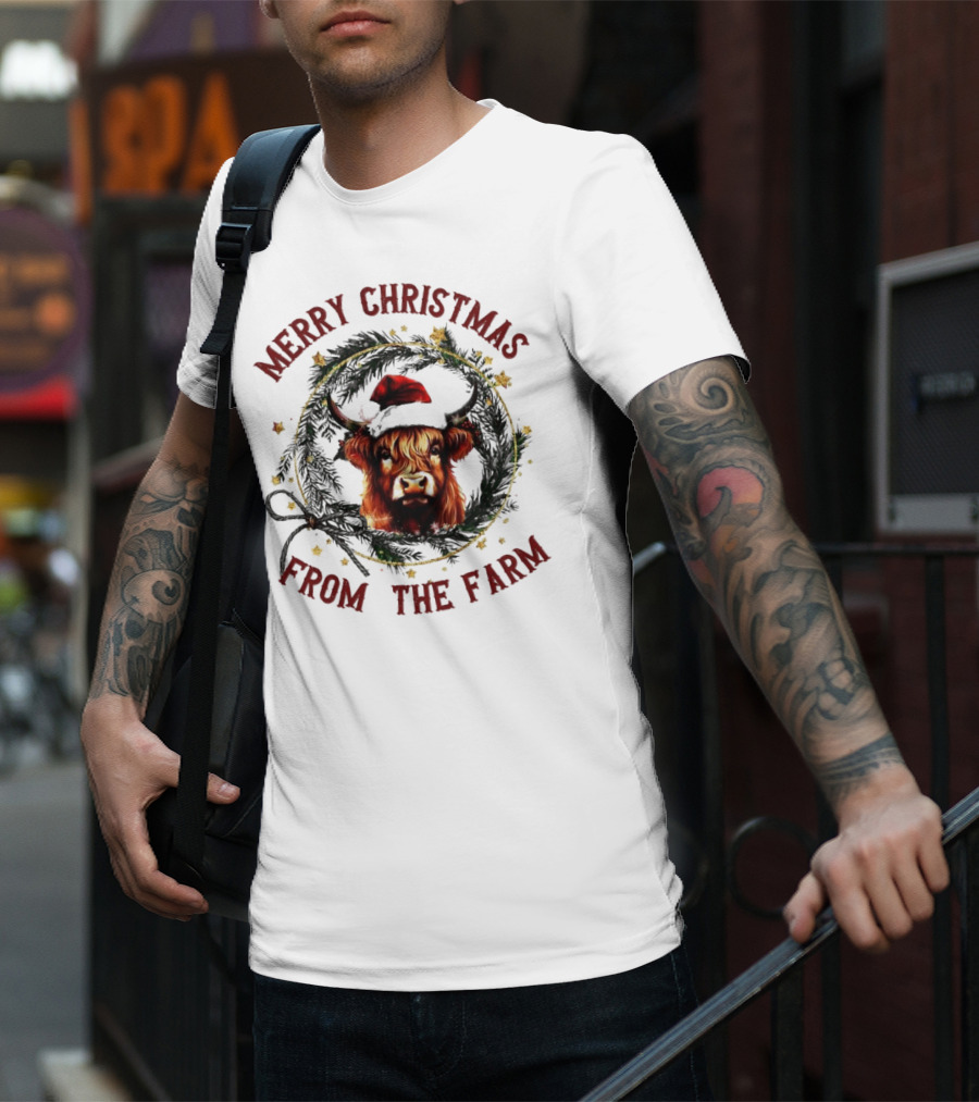 Merry Christmas From The Farm Cow Highland Christmas Wreath T-Shirt