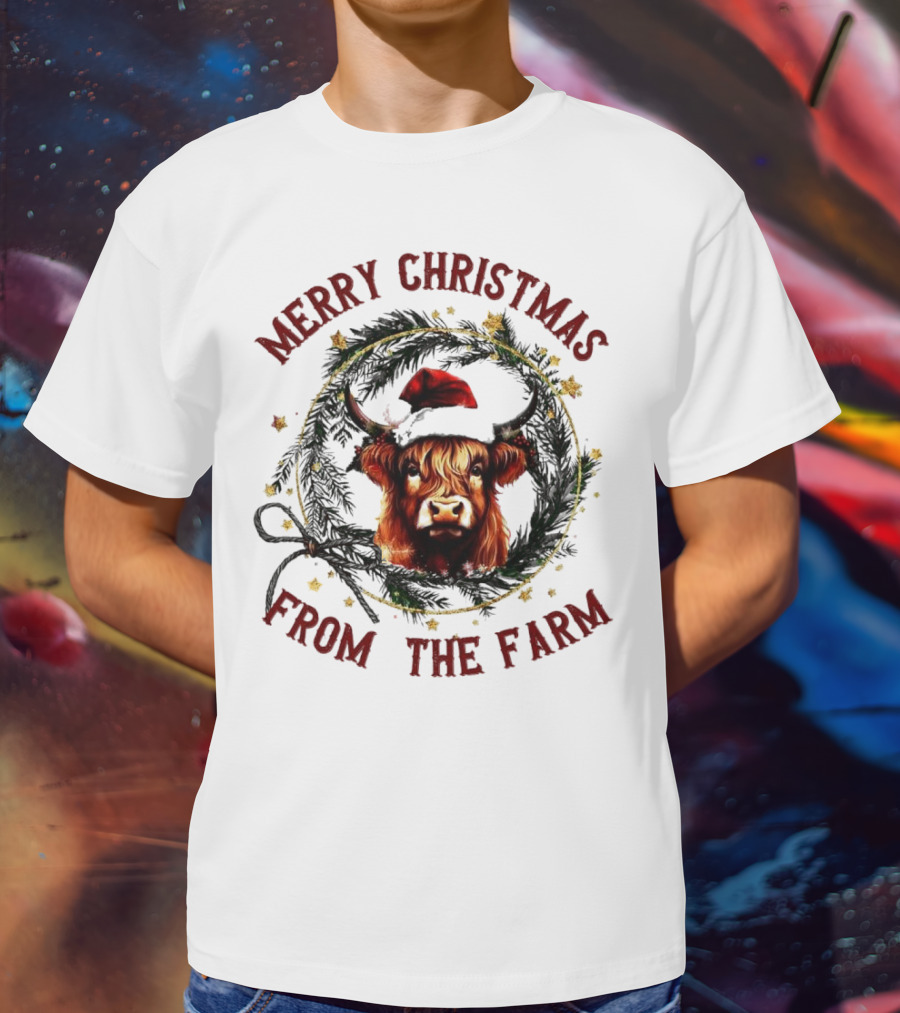 Merry Christmas From The Farm Cow Highland Christmas Wreath T-Shirt