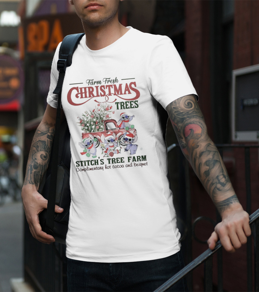 Farm Fresh Christmas Trees Stitch’s Tree Farm Complimentary Hot Cocoa And Beignet T-Shirt