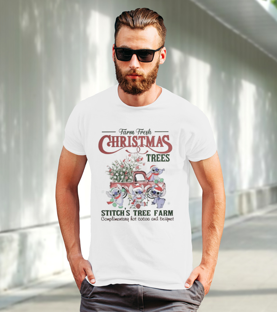 Farm Fresh Christmas Trees Stitch’s Tree Farm Complimentary Hot Cocoa And Beignet T-Shirt