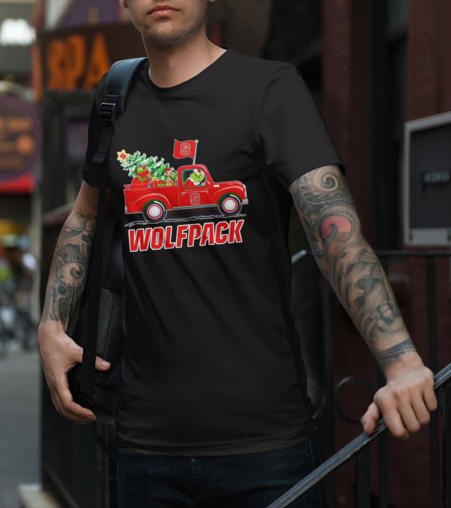 Grinch Driving NC State Wolfpack Christmas Truck With Tree And Flag T-Shirt
