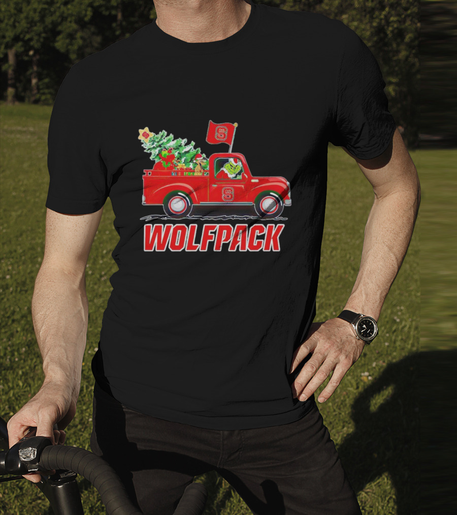 Grinch Driving NC State Wolfpack Christmas Truck With Tree And Flag T-Shirt