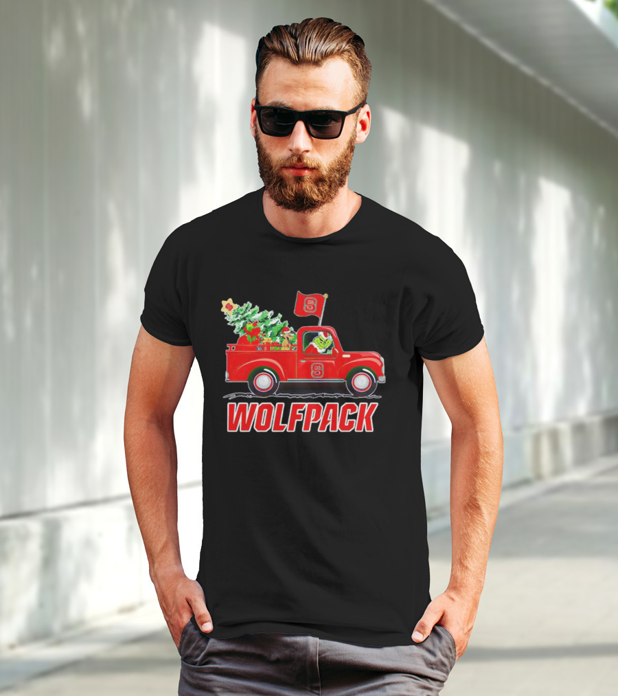 Grinch Driving NC State Wolfpack Christmas Truck With Tree And Flag T-Shirt
