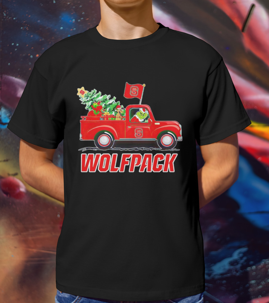 Grinch Driving NC State Wolfpack Christmas Truck With Tree And Flag T-Shirt