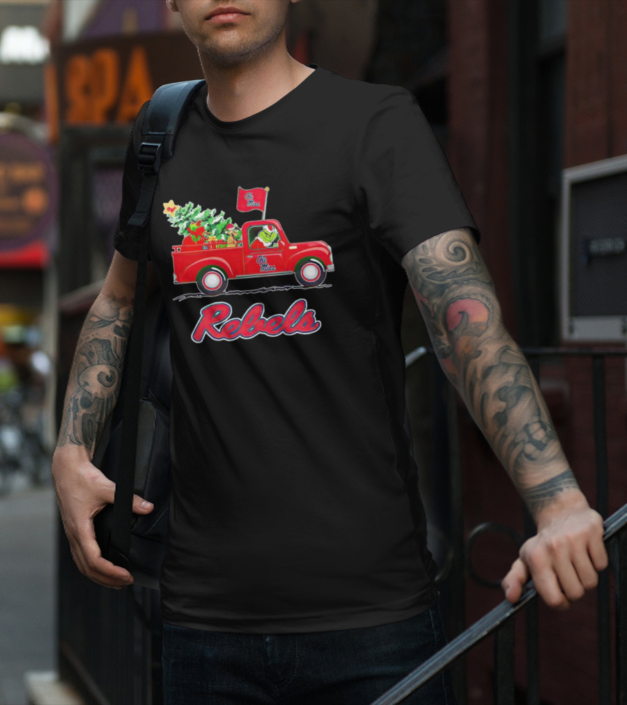 Ole Miss Rebels Grinch Driving Christmas Truck With Tree And Gifts T-Shirt