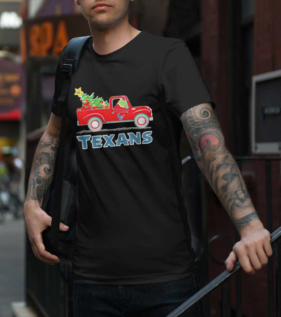 Grinch Driving Red Christmas Truck With Houston Texans T-Shirt