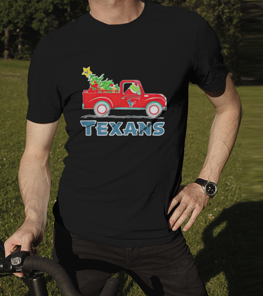 Grinch Driving Red Christmas Truck With Houston Texans T-Shirt