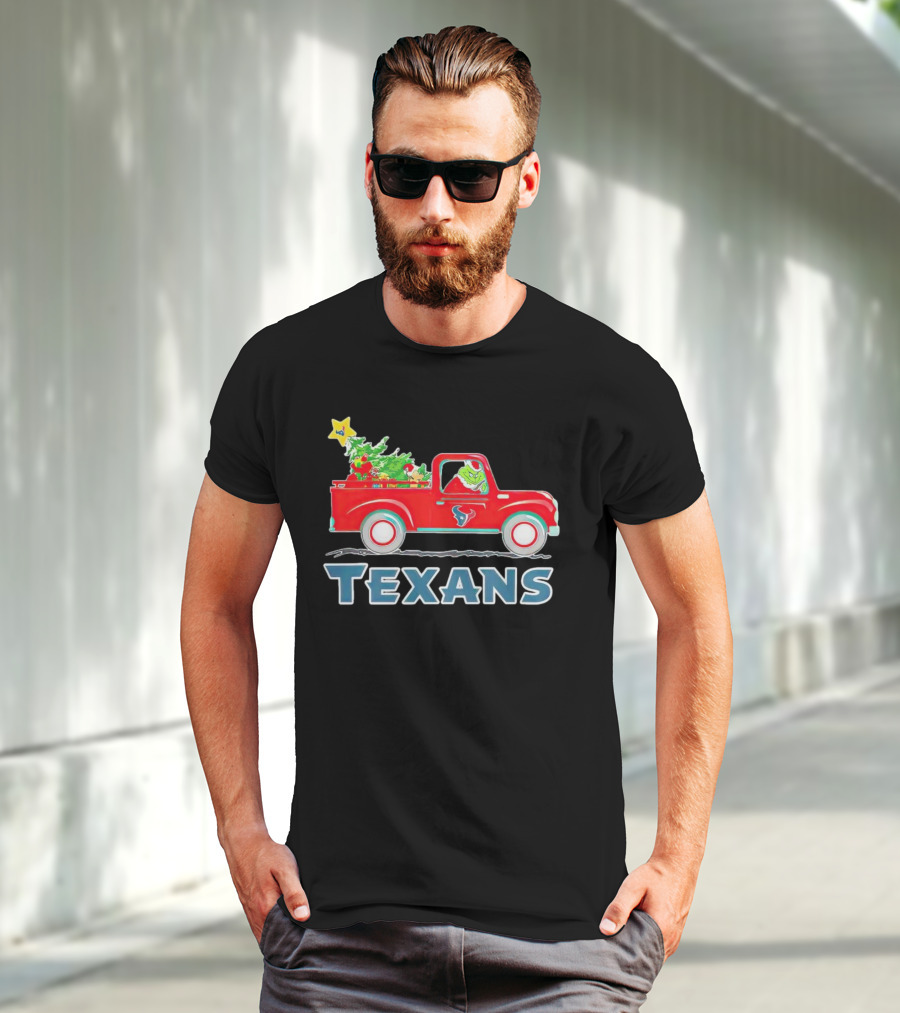 Grinch Driving Red Christmas Truck With Houston Texans T-Shirt