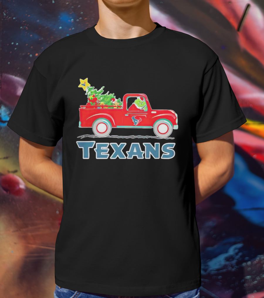 Grinch Driving Red Christmas Truck With Houston Texans T-Shirt