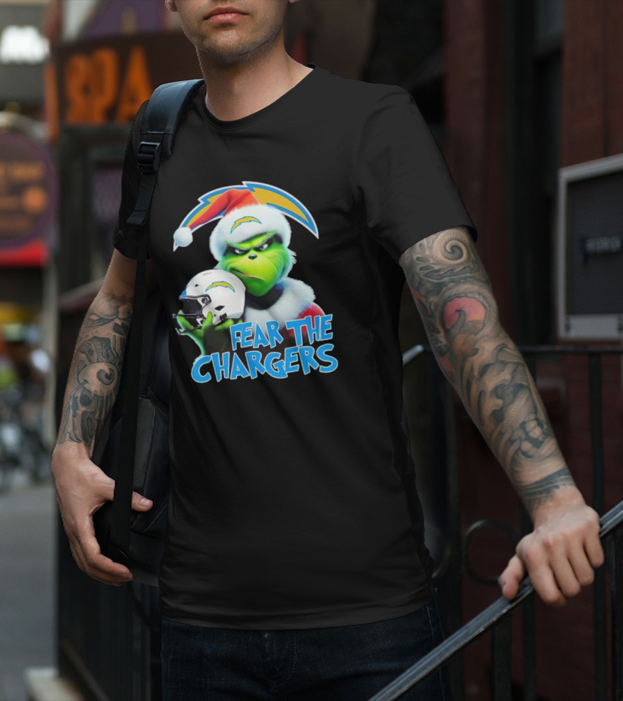 Grinch Santa Holding Los Angeles Chargers Helmet Fear The Chargers T-Shirt