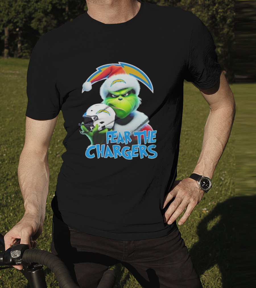 Grinch Santa Holding Los Angeles Chargers Helmet Fear The Chargers T-Shirt