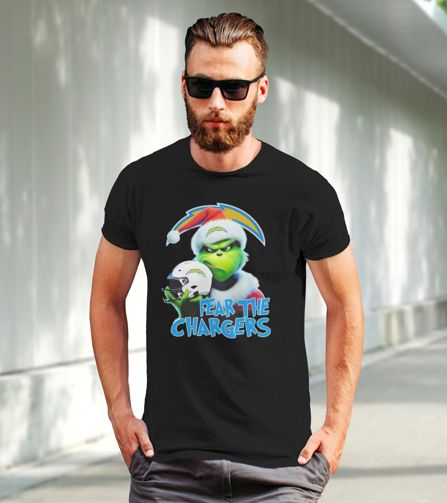 Grinch Santa Holding Los Angeles Chargers Helmet Fear The Chargers T-Shirt
