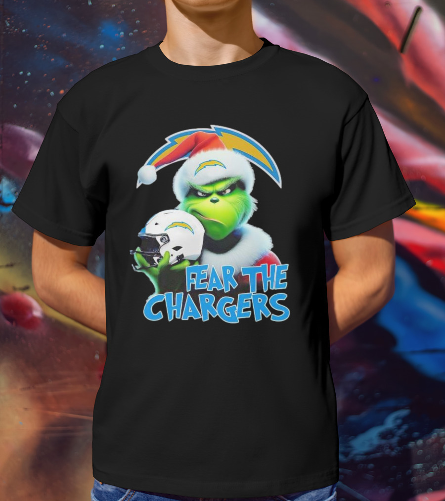 Grinch Santa Holding Los Angeles Chargers Helmet Fear The Chargers T-Shirt