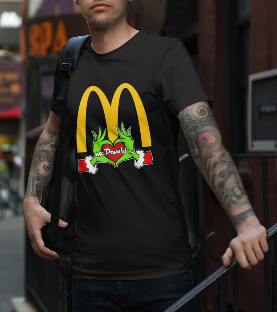 Grinch Holding Heart McDonald’s Logo Christmas T-Shirt