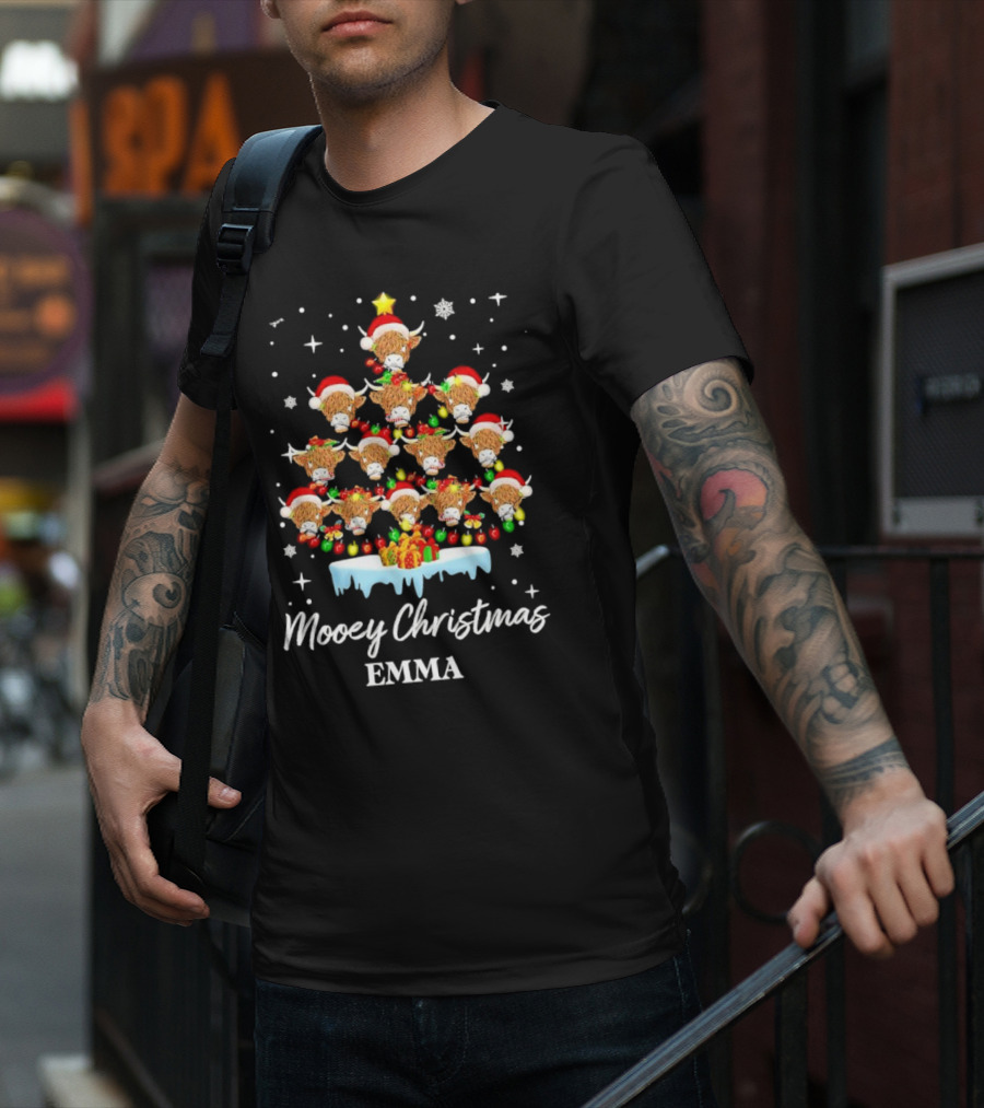 Mooey Christmas Highland Cow Tree Custom Name Emma T-Shirt