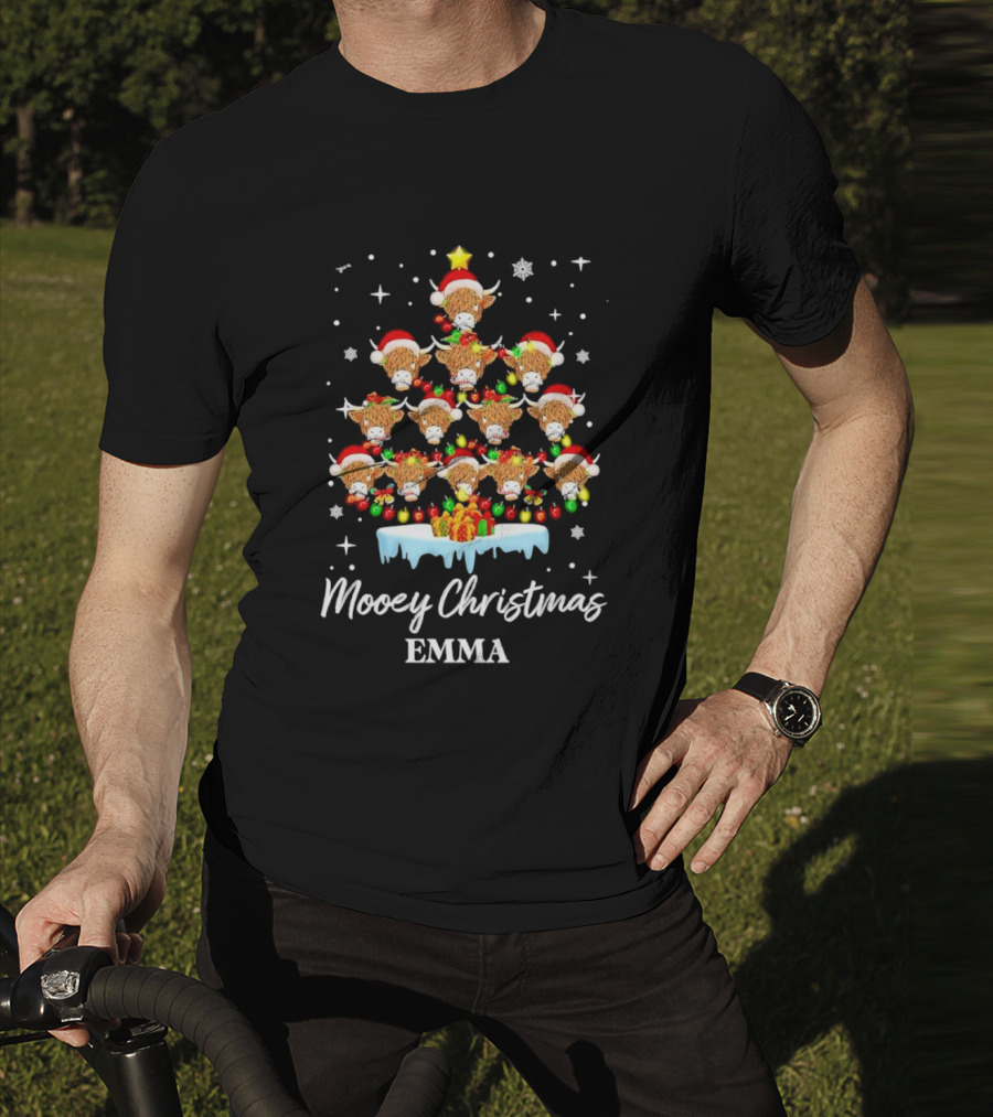 Mooey Christmas Highland Cow Tree Custom Name Emma T-Shirt