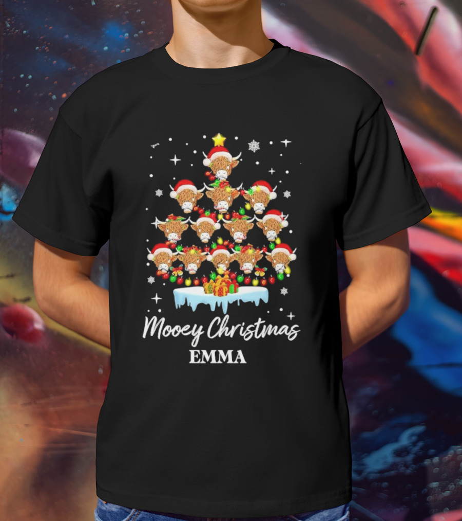 Mooey Christmas Highland Cow Tree Custom Name Emma T-Shirt