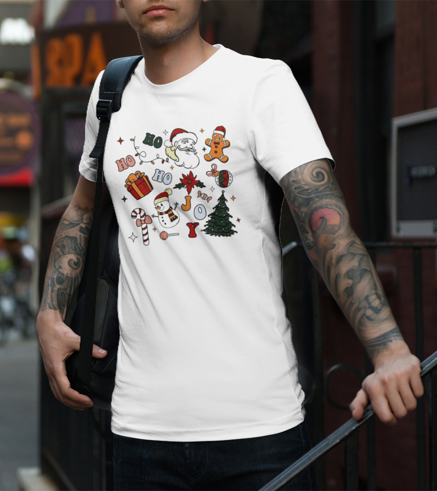 Ho Ho Ho Joy Christmas With Santa Gingerbread And Candy Cane T-Shirt