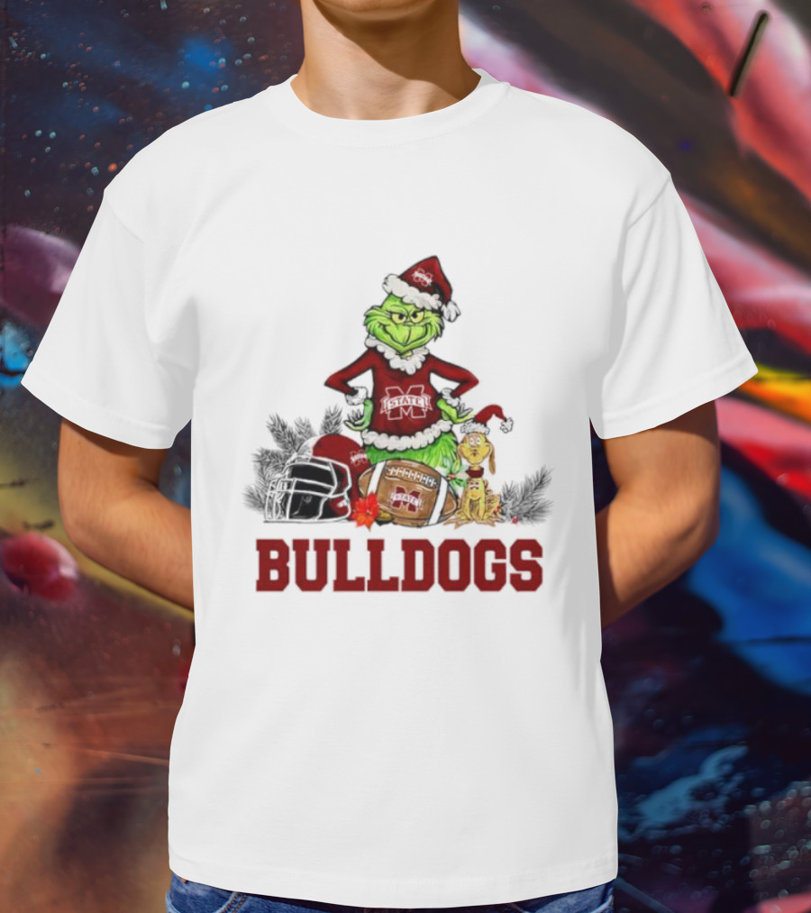 Bulldogs Grinch Max Dog Christmas Football Santa Hat T-Shirt
