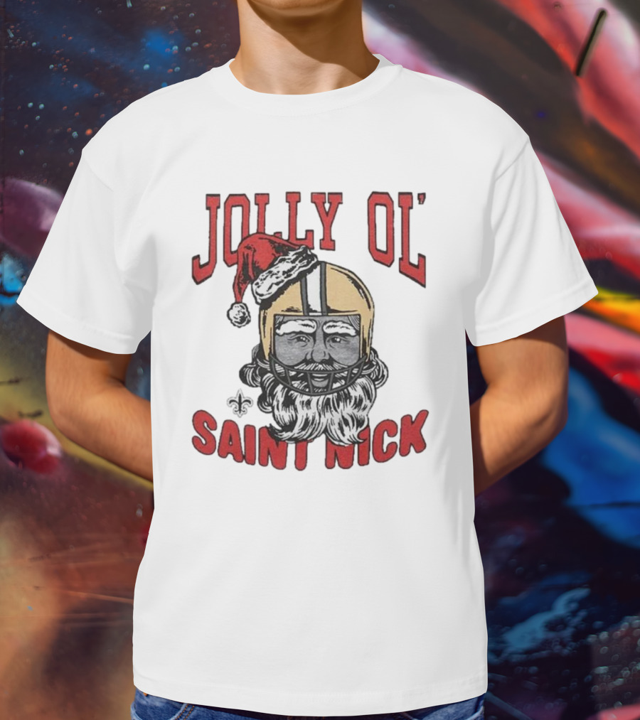 New Orleans Saints Jolly Ol’ Saint Nick With Santa Hat And Fleur-de-Lis Football Helmet Christmas T-Shirt
