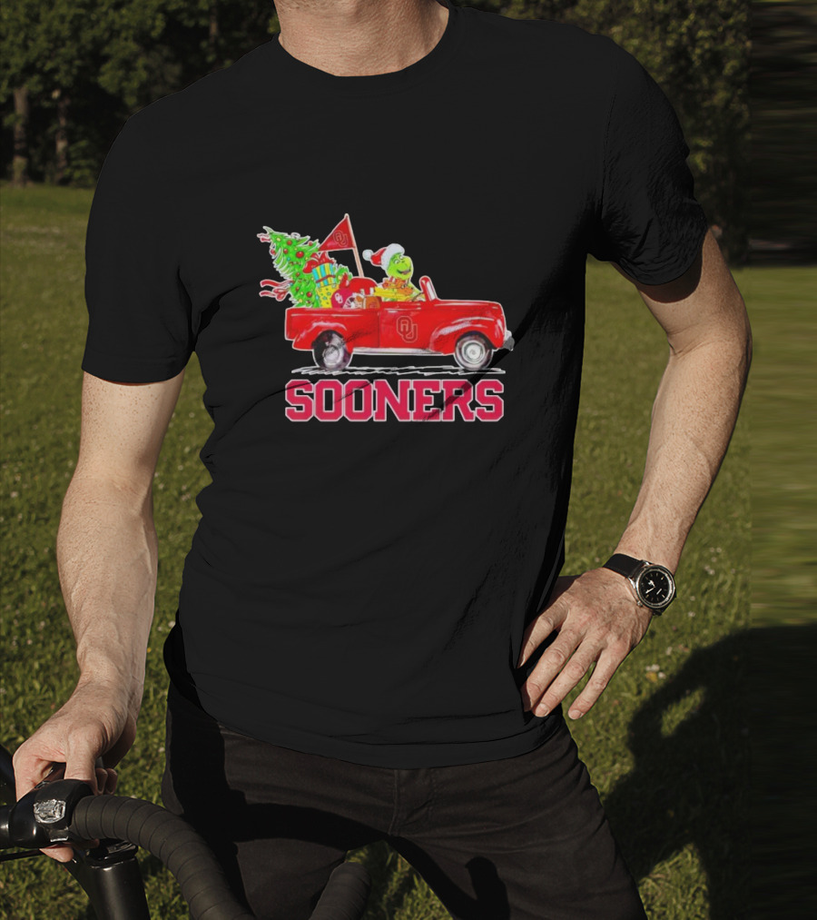 Sooners Grinch Driving Red Truck With Christmas Tree And Gifts T-Shirt