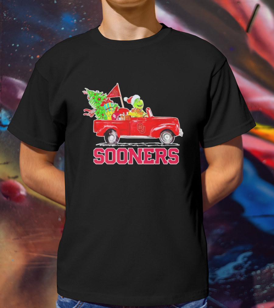 Sooners Grinch Driving Red Truck With Christmas Tree And Gifts T-Shirt