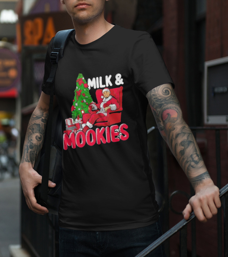 Christmas Milk And Mookies Santa By Tree T-Shirt