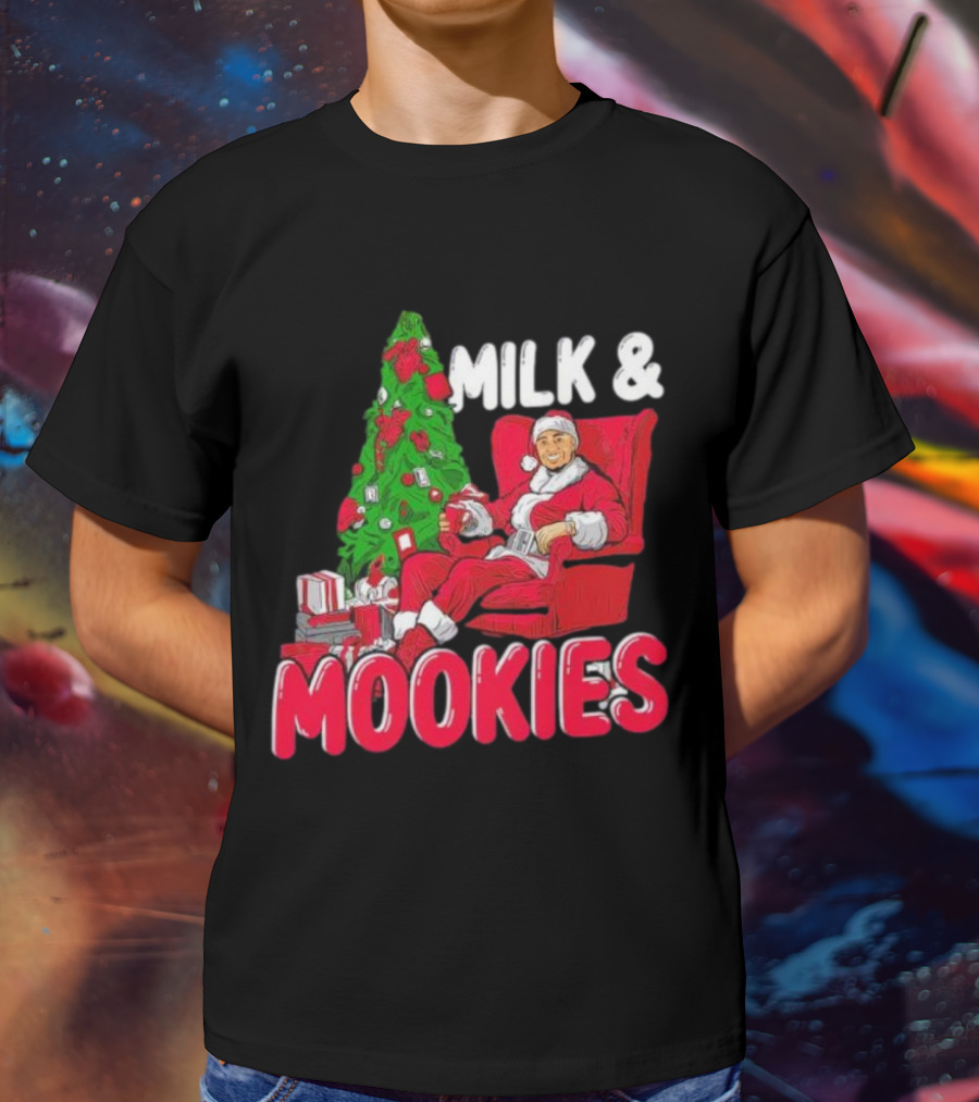 Christmas Milk And Mookies Santa By Tree T-Shirt