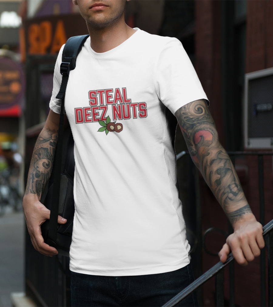 Steal Deez Nuts Christmas Humor Red Text With Hazelnuts And Leaves T-Shirt