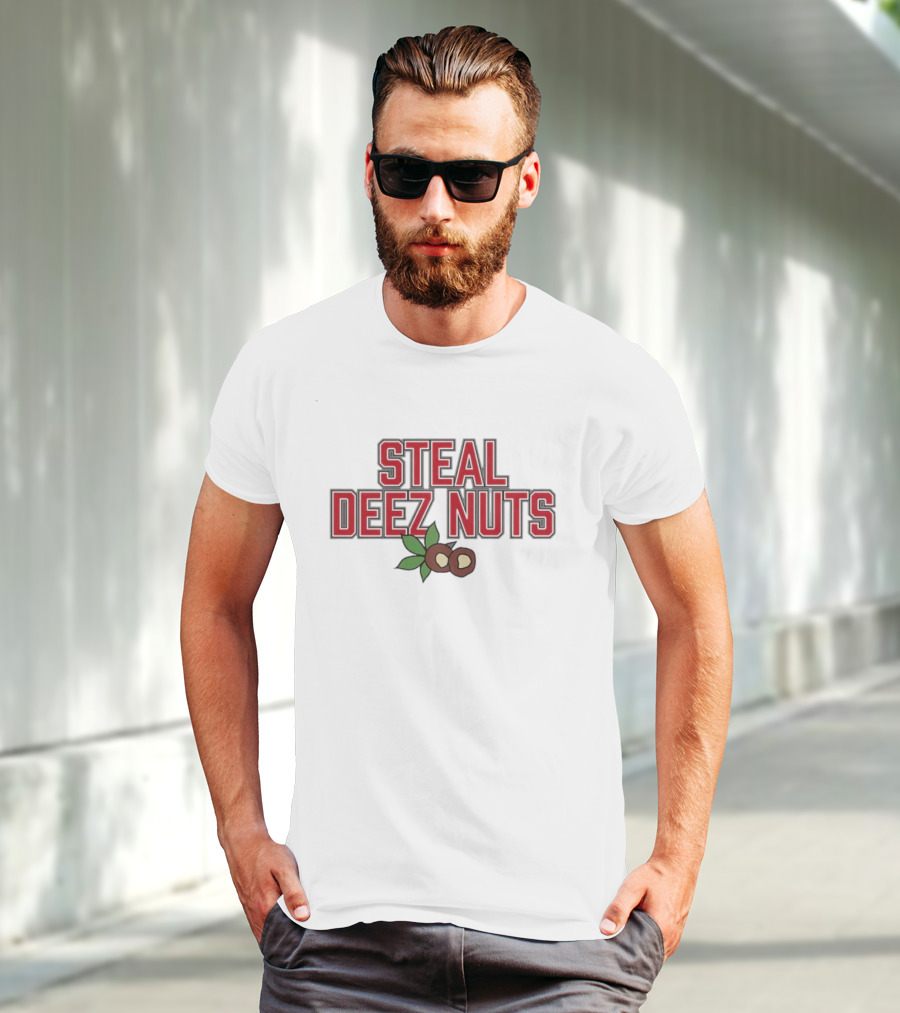 Steal Deez Nuts Christmas Humor Red Text With Hazelnuts And Leaves T-Shirt
