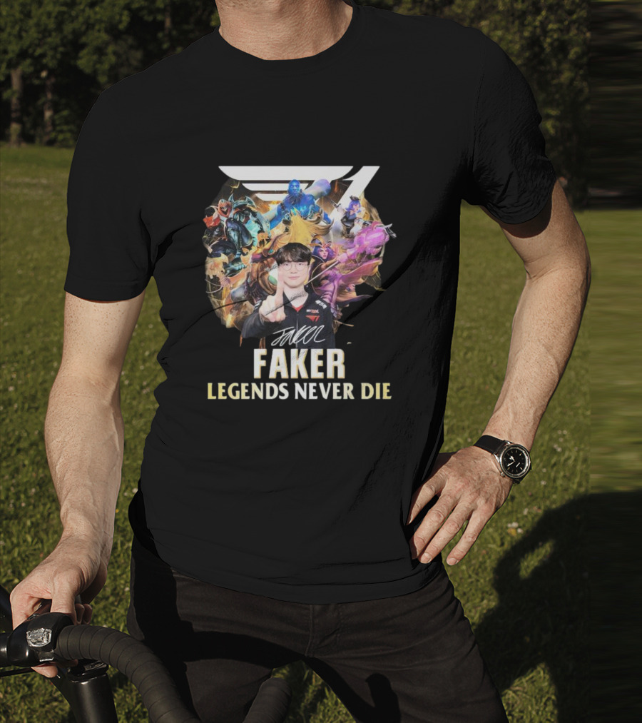 Faker Signature Legends Never Die With Iconic League Characters T-Shirt