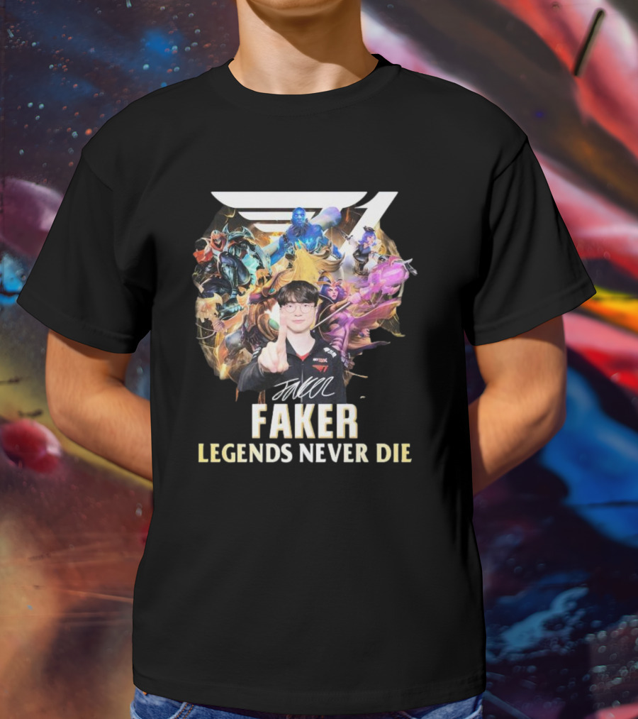 Faker Signature Legends Never Die With Iconic League Characters T-Shirt