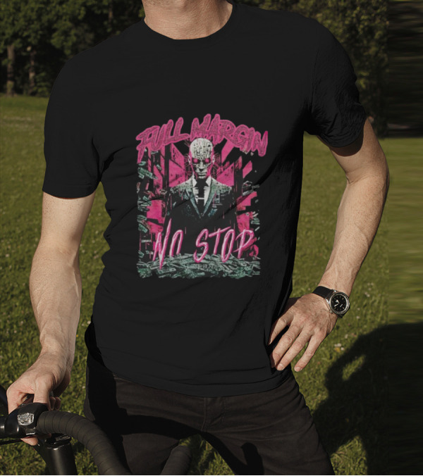 Full Margin No Stop Cyberpunk Businessman In Pink And Green Dystopian Cityscape T-Shirt