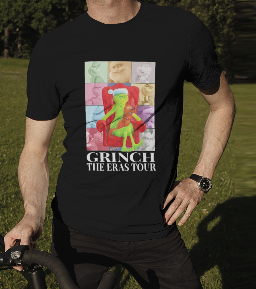 Grinch Christmas With Santa Hat Dog And Chair Icon Collage T-Shirt