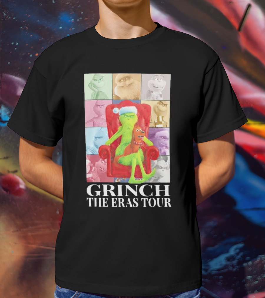Grinch Christmas With Santa Hat Dog And Chair Icon Collage T-Shirt