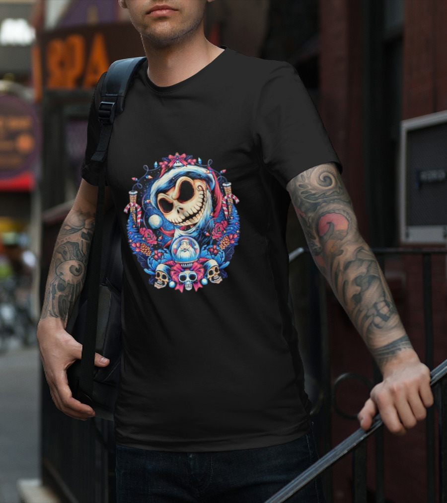 Jack Skellington Christmas Santa Skull Wreath Candy Cane Holiday T-Shirt