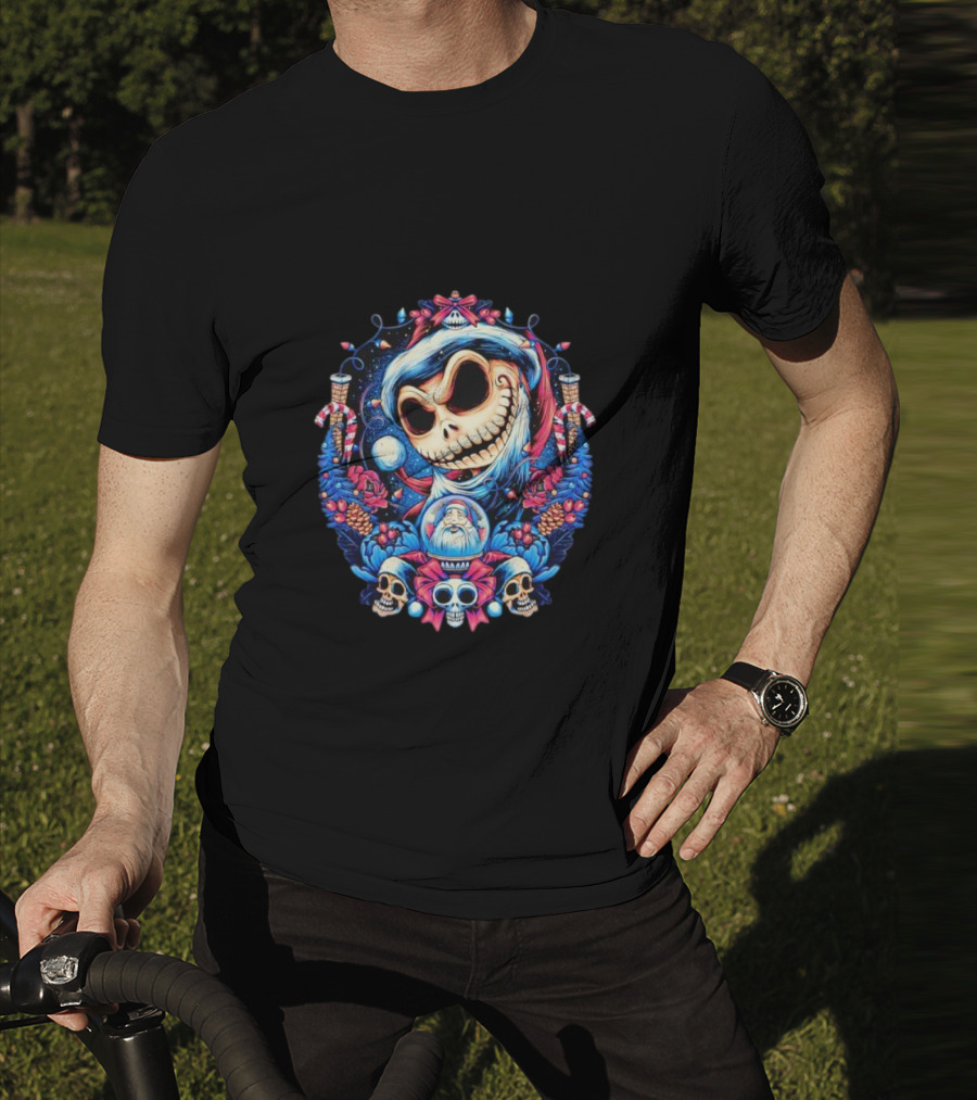 Jack Skellington Christmas Santa Skull Wreath Candy Cane Holiday T-Shirt