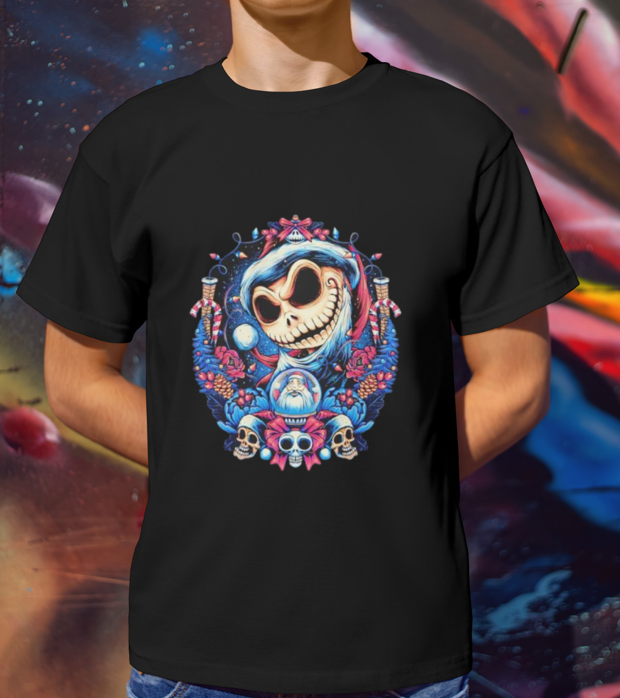 Jack Skellington Christmas Santa Skull Wreath Candy Cane Holiday T-Shirt