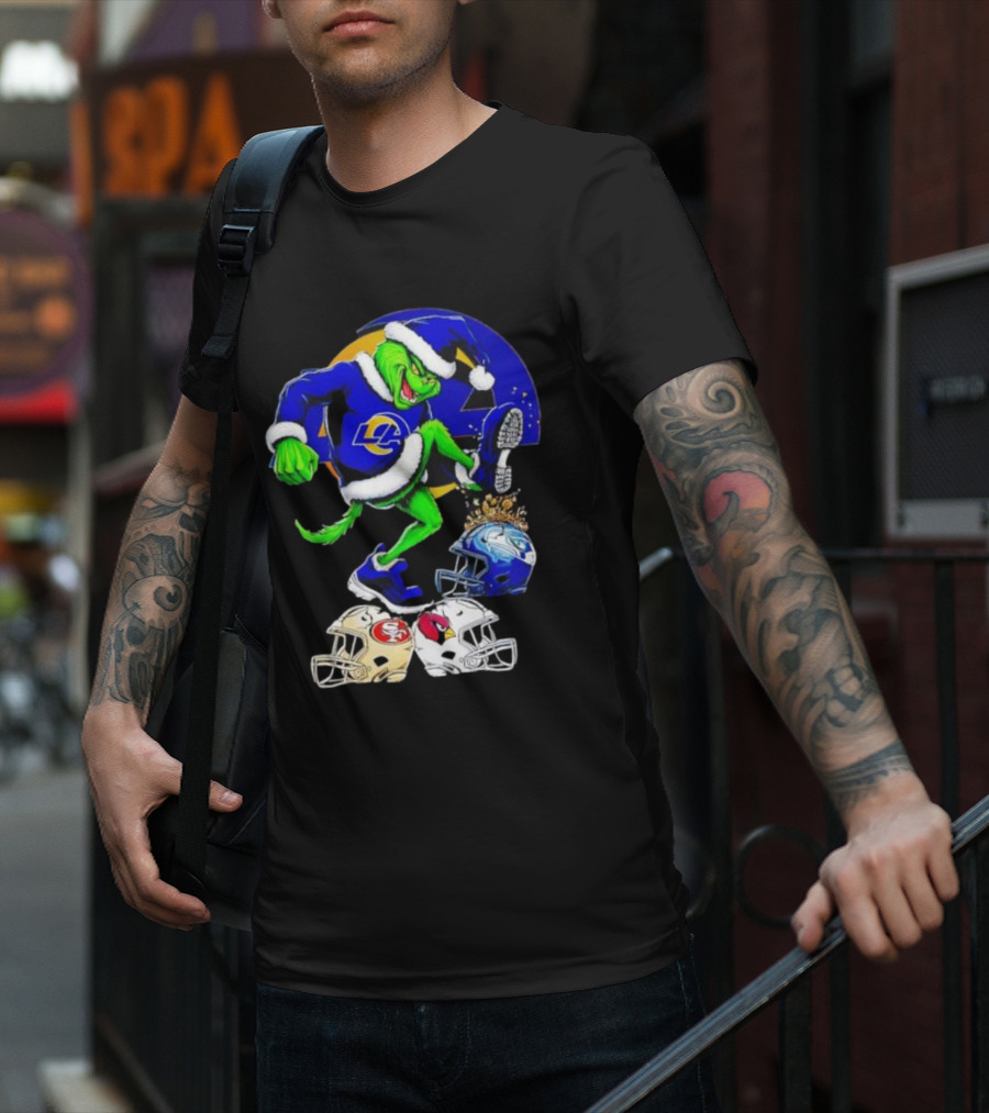 Los Angeles Rams Grinch Stomping NFL Helmets Christmas Funny Santa T-Shirt
