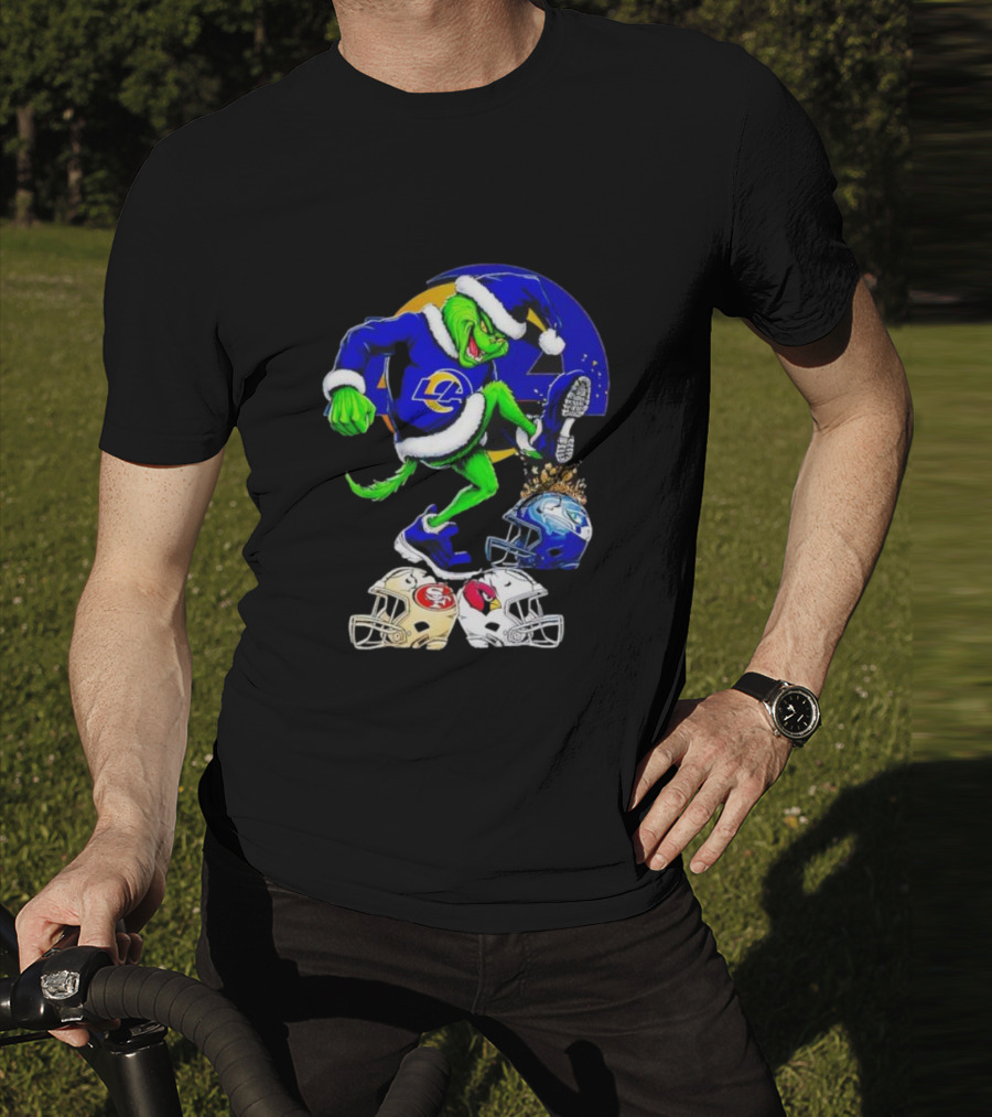 Los Angeles Rams Grinch Stomping NFL Helmets Christmas Funny Santa T-Shirt