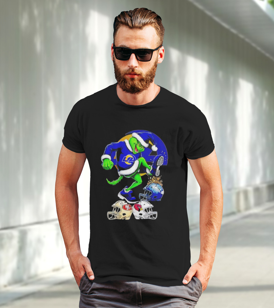 Los Angeles Rams Grinch Stomping NFL Helmets Christmas Funny Santa T-Shirt