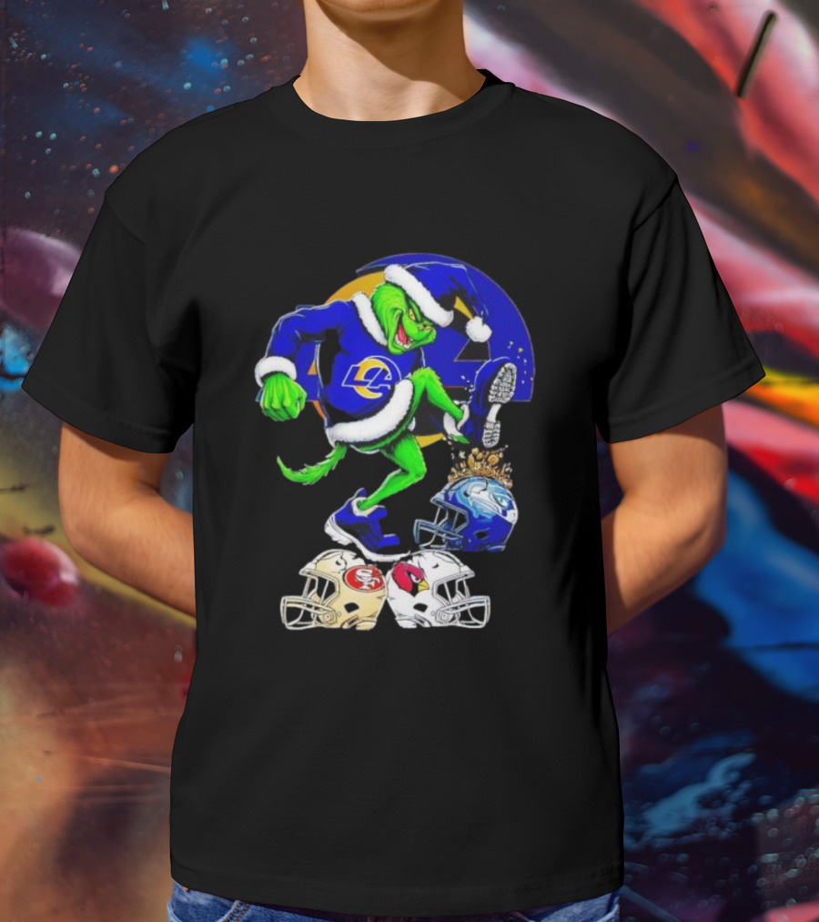 Los Angeles Rams Grinch Stomping NFL Helmets Christmas Funny Santa T-Shirt