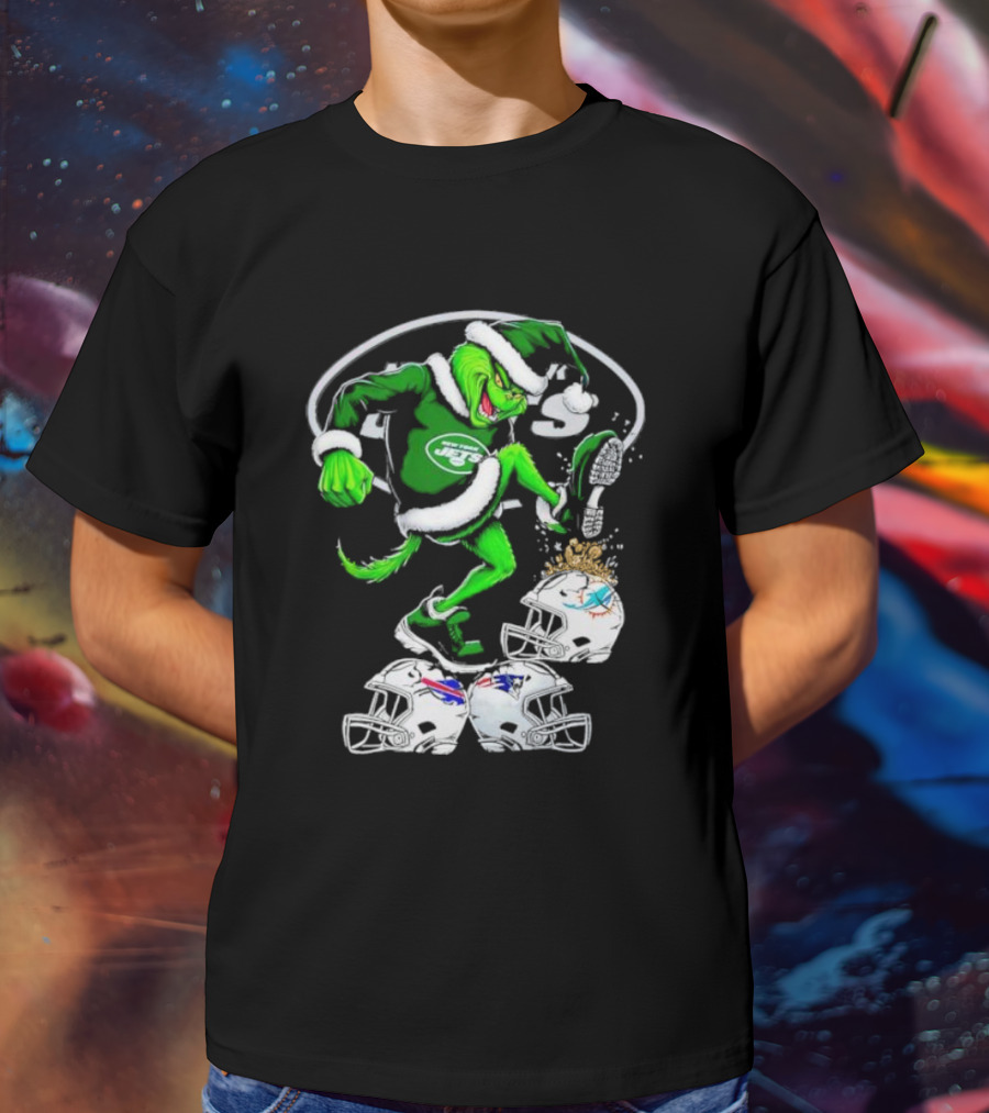 New York Jets Grinch Santa Stomping NFL Helmets Funny Christmas T-Shirt