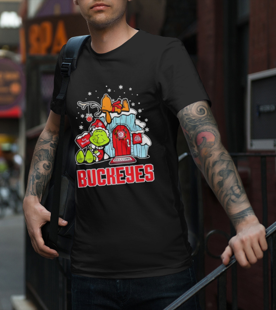 Peanuts Grinch Ohio State Buckeyes Go Bucs Merry Xmas Snoopy Woodstock T-Shirt
