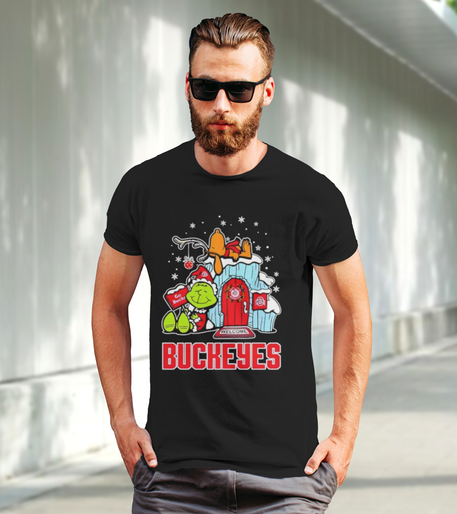 Peanuts Grinch Ohio State Buckeyes Go Bucs Merry Xmas Snoopy Woodstock T-Shirt