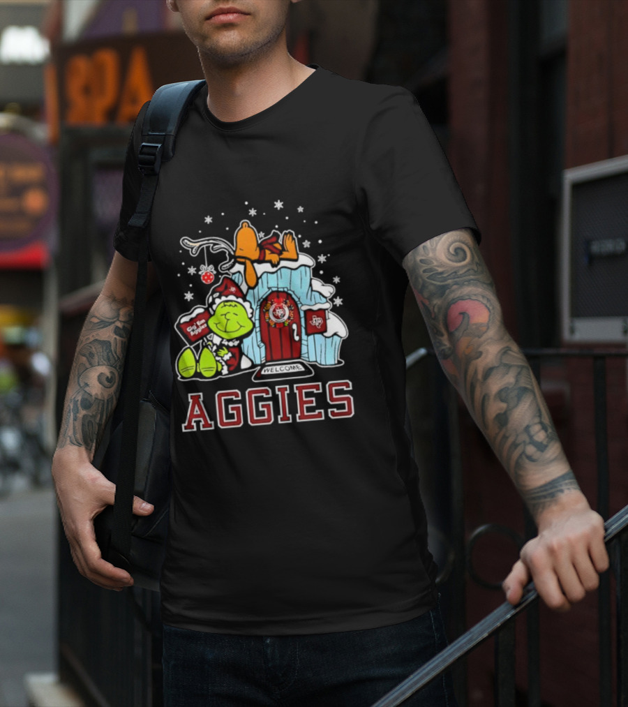 Peanuts Aggies Grinch Snoopy Christmas Hut Texas Holiday T-Shirt