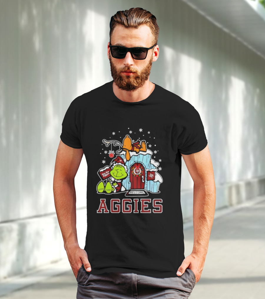 Peanuts Aggies Grinch Snoopy Christmas Hut Texas Holiday T-Shirt